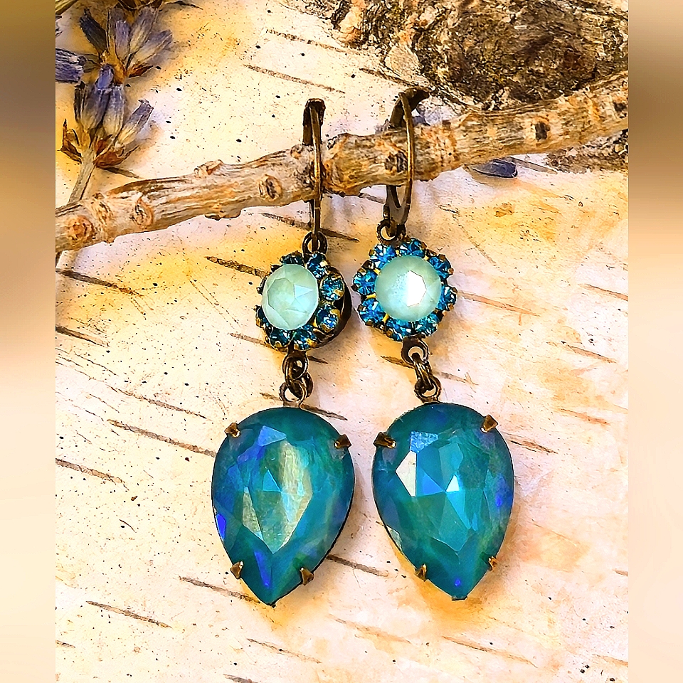 Ocean Blue Green & Mint Flower Swarovski Crystal In Brass Earrings